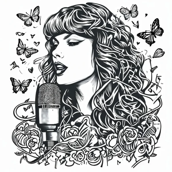 Curly-haired woman with a vintage microphone, illustration style — free printable musician coloring book page