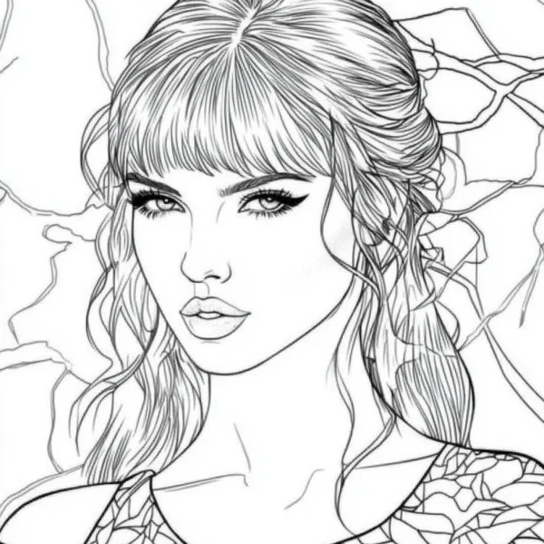 Elegant female portrait with bangs and curly hair, realistic sketch style — free printable portrait coloring book page