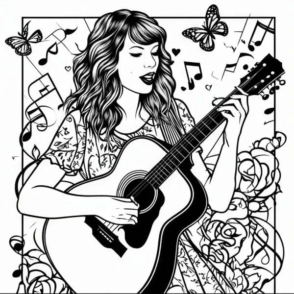 Curly-haired woman playing acoustic guitar, cartoon style — free printable butterfly coloring book page