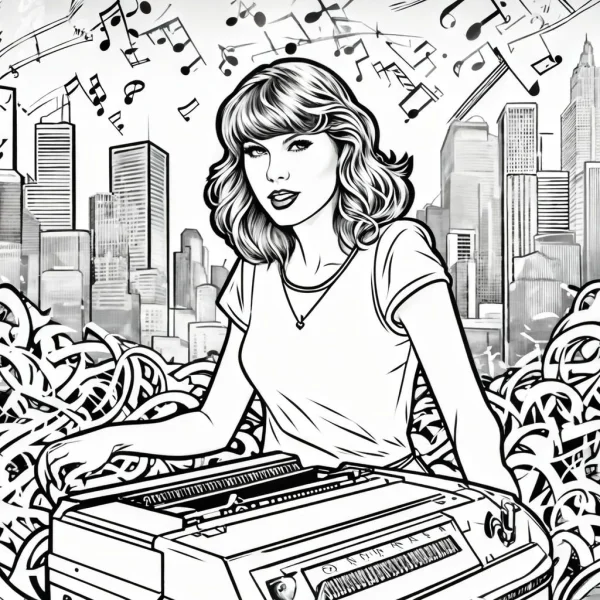 Curly-haired woman operating a typewriter, cartoon style — free printable writing coloring book page
