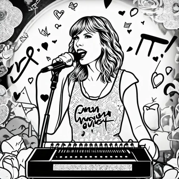 Female singer holding microphone and playing keyboard, realistic line art style — free printable stars coloring book page