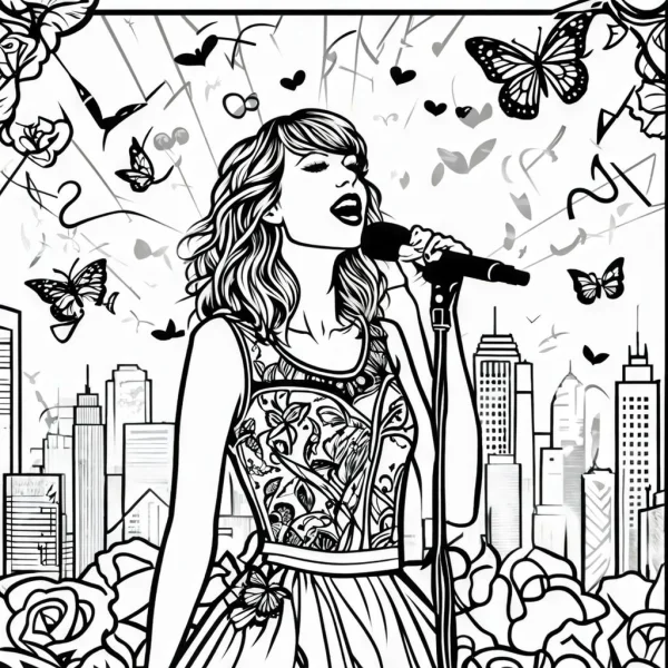 Singing female singer with microphone, cartoon illustration style — free printable stars coloring book page