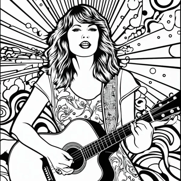 Female singer holding acoustic guitar, cartoon line art style — free printable musician coloring book page