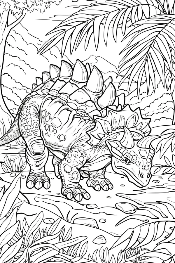 Armored dinosaur in prehistoric jungle, realistic sketch line art style — free printable jungle coloring book page