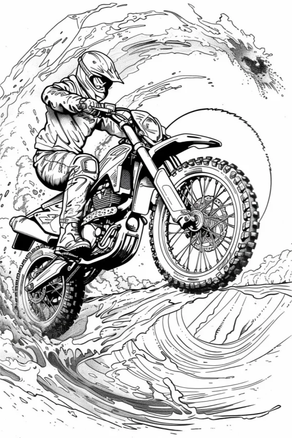Off-road motorcyclist riding through splashing water and mud, realistic line art style — free printable outdoor adventure coloring book page