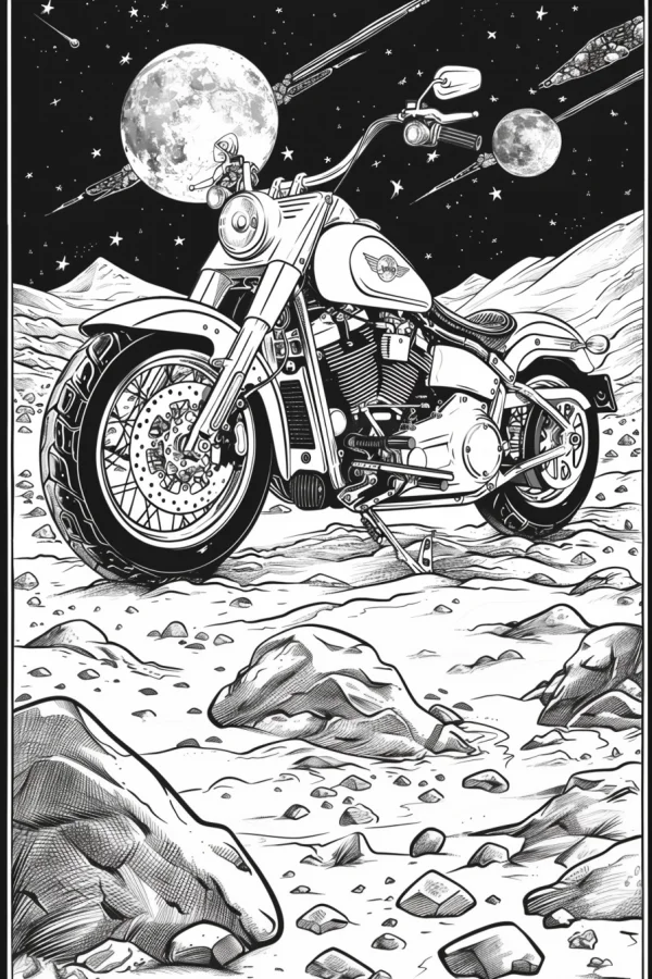 Vintage motorcycle on lunar surface, sci-fi style — free printable motorcycles coloring book page