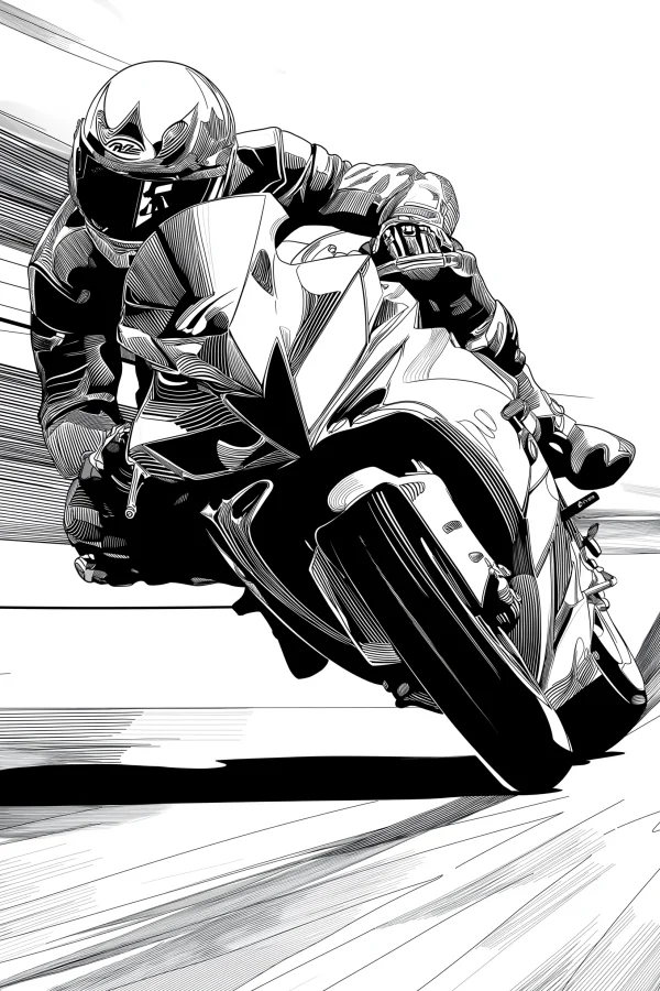 Motorcyclist leaning into a turn with a racing motorcycle, realistic line art style — free printable motorcycles coloring book page
