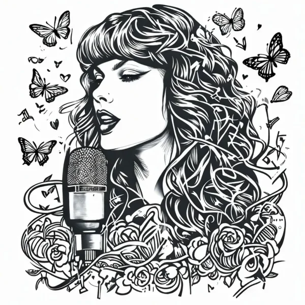 Curly-haired female singer with vintage microphone, surrounded by roses and butterflies — free printable butterfly coloring book page