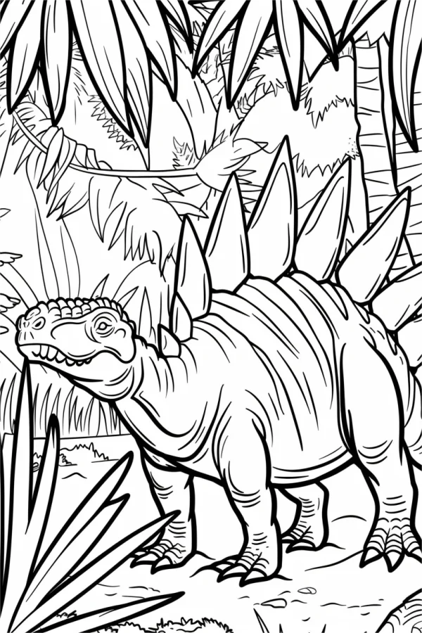 Stegosaurus in jungle, cartoon style — free printable jungle coloring book page