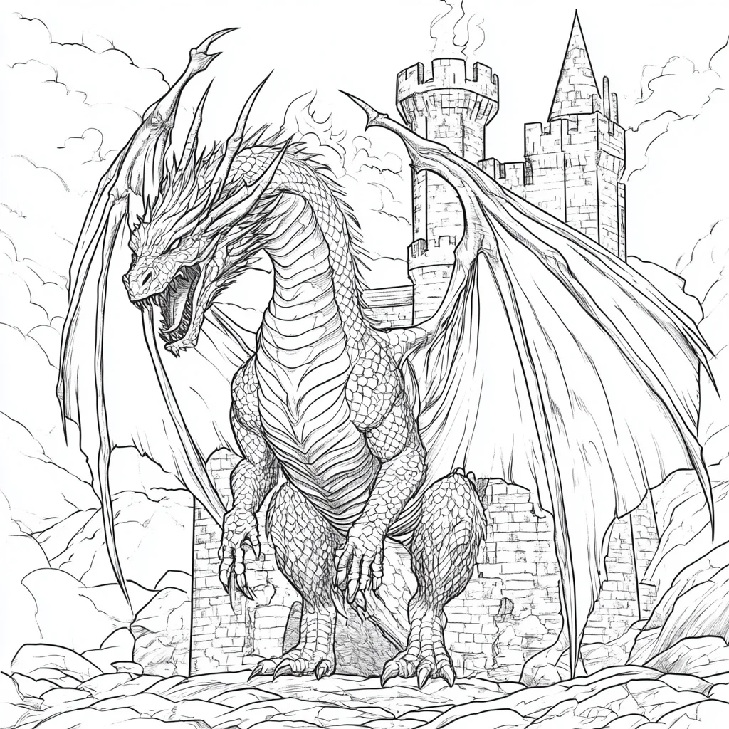 Giant dragon standing on rocky ruins with castle in background, fantasy style — realistic style — moderate detail — line art coloring page — for kids and adults of all ages