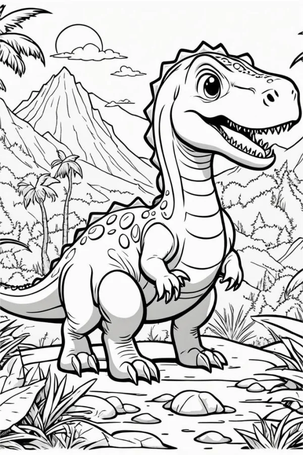 Cute cartoon dinosaur, cartoon style — free printable prehistoric coloring book page
