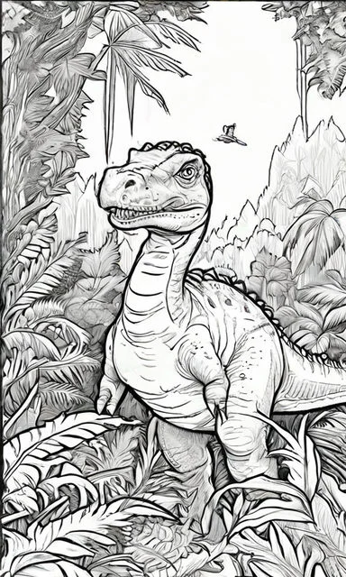 Jungle dinosaur, realistic illustration style — free printable jungle coloring book page