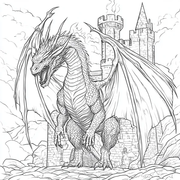 Fantasy dragon standing in front of medieval castle, intricate detailed line art — free printable medieval scene coloring book page