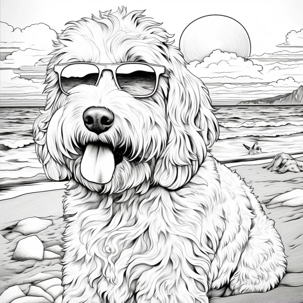 Curly-haired dog wearing sunglasses, beach scene with ocean — free printable vacation coloring book page