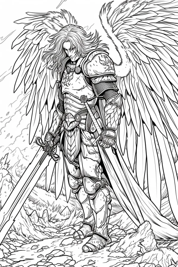 Angel knight with huge feathered wings, fantasy style — free printable knight coloring book page