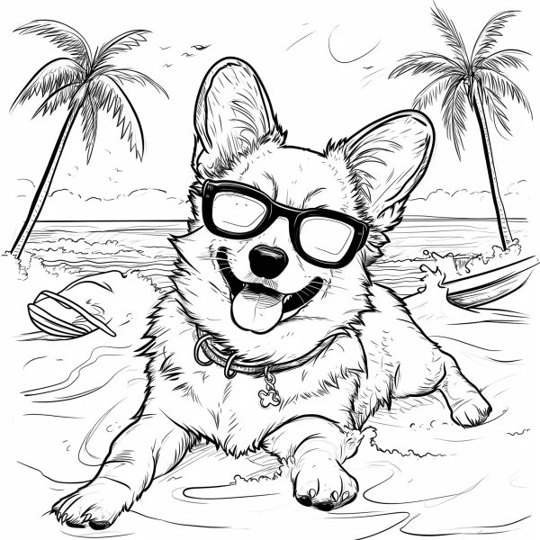 Corgi dog wearing sunglasses relaxing on beach, cartoon sketch style — free printable vacation coloring book page