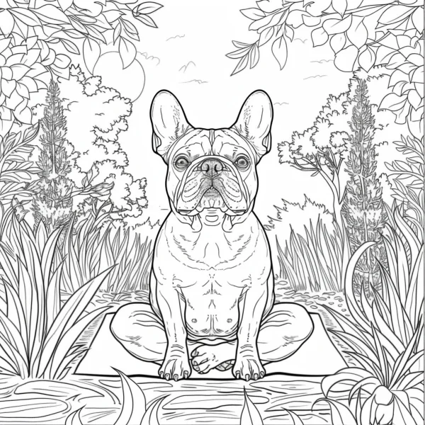 French bulldog doing yoga in lotus pose, in a natural garden with plants — free printable yoga coloring book page