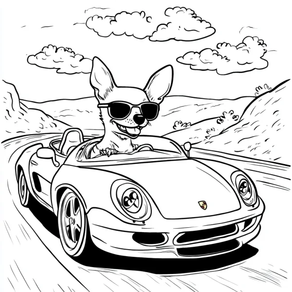 Chihuahua wearing sunglasses driving a convertible sports car, cartoon style — free printable entertainment coloring book page