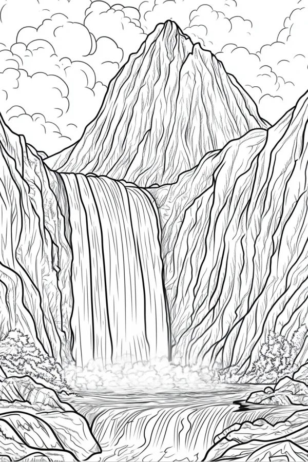 Alpine waterfall natural landscape, realistic sketch style — free printable waterfall coloring book page