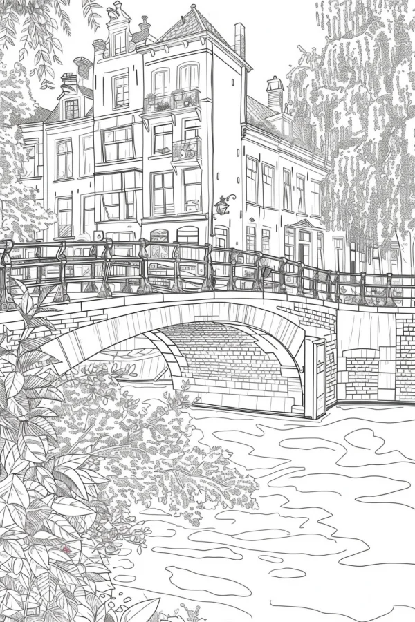 Coloring book page, european riverside town with stone bridge — free printable town architecture coloring book page