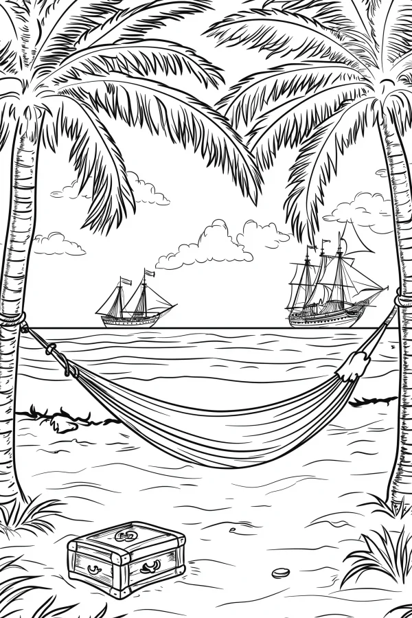 Beach hammock with treasure chest and pirate ships on the sea, realistic line art style — free printable pirate coloring book page