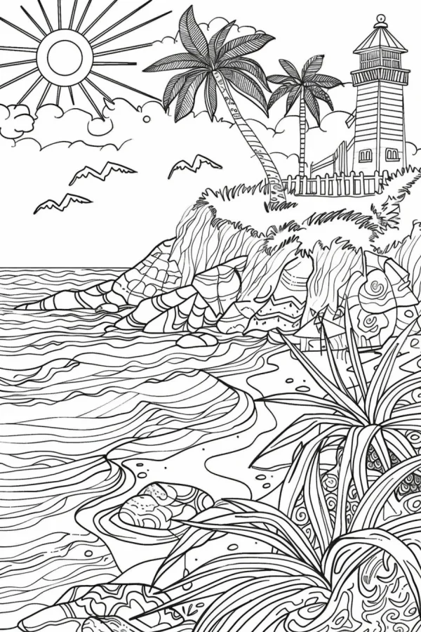 Tropical seaside lighthouse landscape, illustration line art style — free printable tropical plants coloring book page