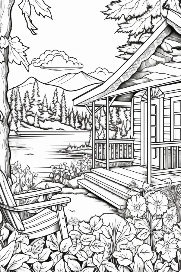 Lakeside country cabin, realistic line art style — free printable rural leisure coloring book page