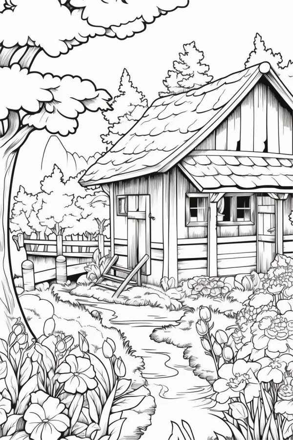 Rustic country cottage in the woods, cartoon style — free printable scenery coloring book page
