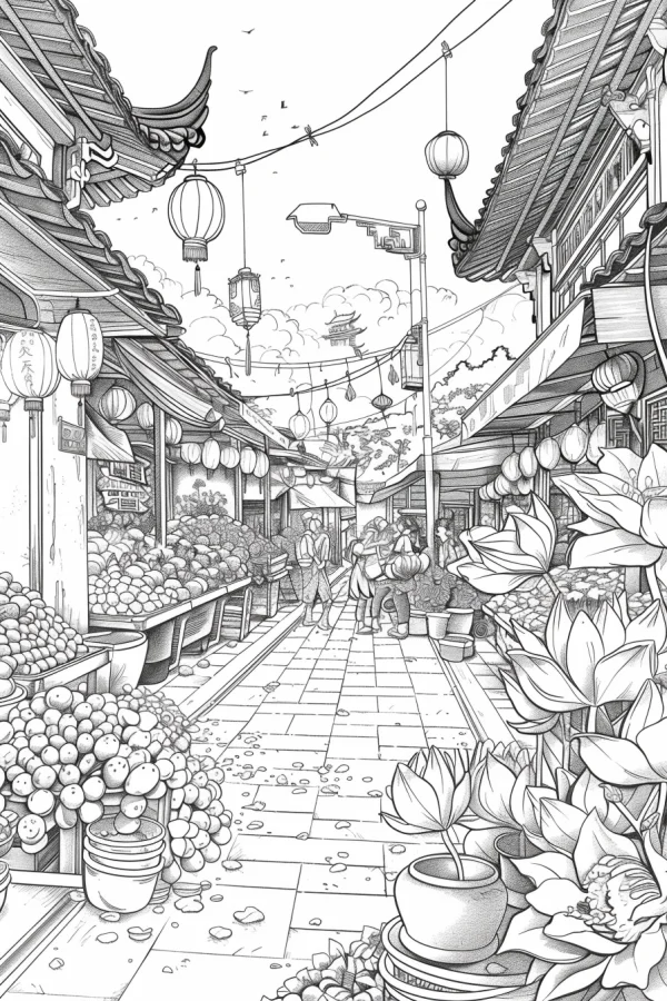 Chinese style ancient street market scene with traditional architecture, pedestrians — free printable ancient street scene coloring book page