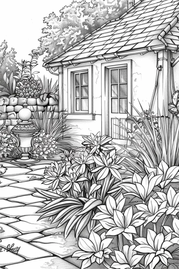Cozy country cottage garden scene, realistic line art style — free coloring book page