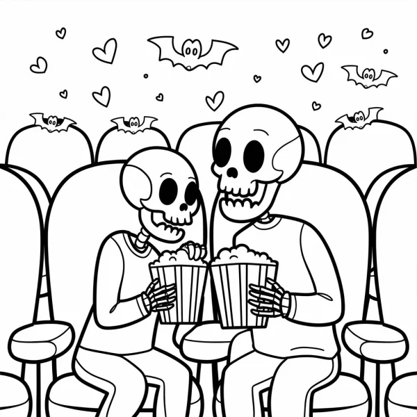 Cute skeleton couple watching movie in cinema, holding popcorn buckets — free printable entertainment coloring book page