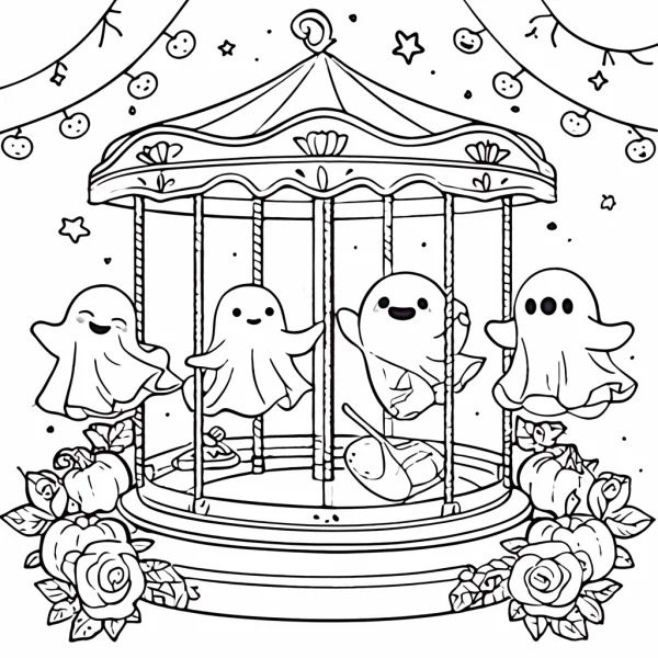Cute ghosts on a carousel, cartoon style — free printable theme park coloring book page