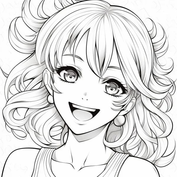 Anime curly-haired girl, anime style — free printable anime characters coloring book page