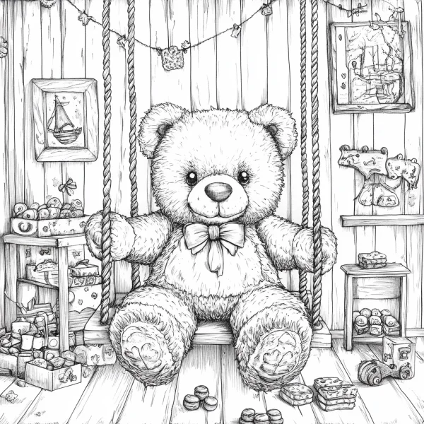 Teddy bear sitting on a swing in a cozy children's room, cartoon style — free printable childlike coloring book page