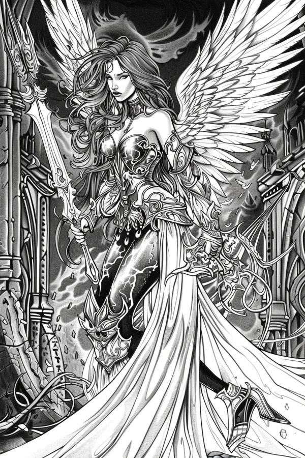 Sword-wielding angel warrior, fantasy gothic art style — free printable combat coloring book page