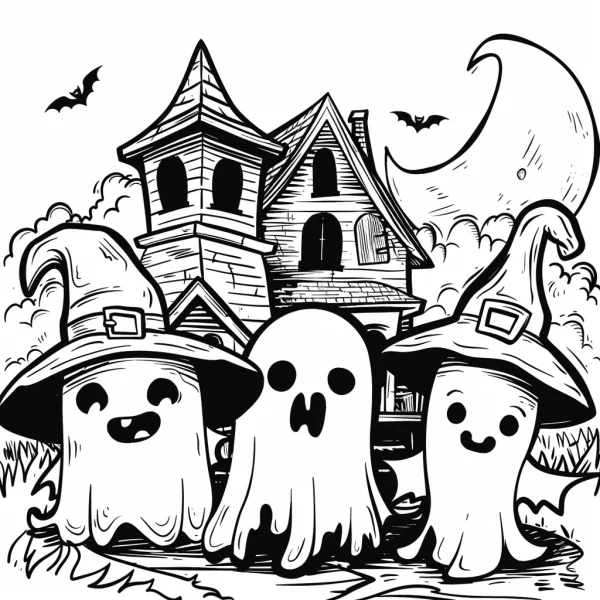 Cute ghosts wearing witch hats in front of a haunted house, cartoon style — free printable entertainment coloring book page