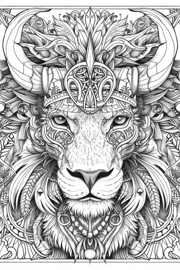 Tribal totem decorated lion head, tribal totem art style — free printable totem coloring book page
