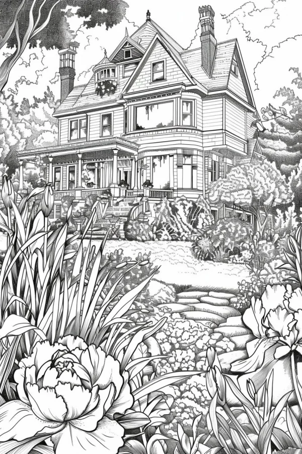 Vintage house with lush garden, realistic line art style — free printable residential coloring book page