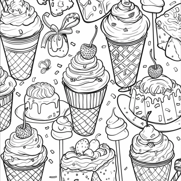 Assorted desserts and ice creams, cartoon style — free printable desserts coloring book page