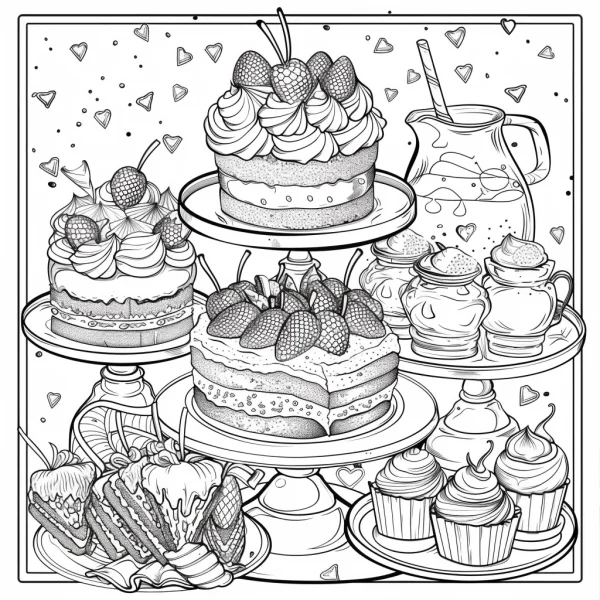 Assorted strawberry dessert cakes including layer cakes, cupcakes — free printable desserts coloring book page