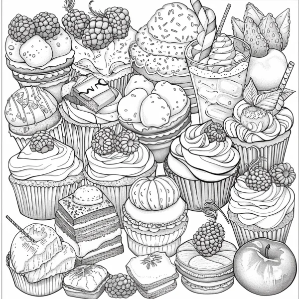 Assorted desserts and berries including cupcakes, ice creams — free printable desserts coloring book page