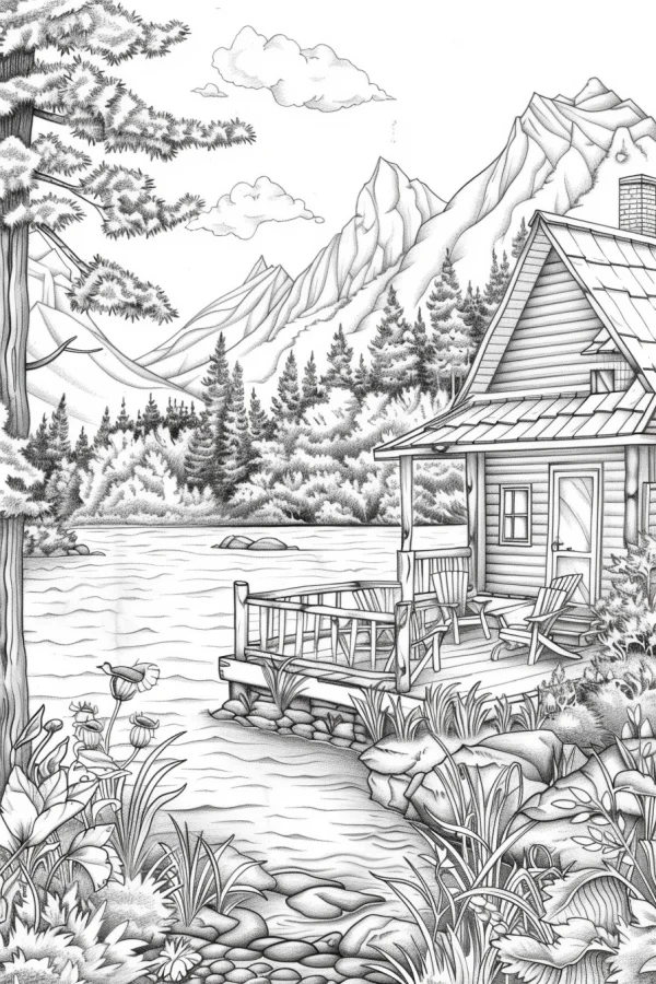 Lakeside wooden cabin in mountain forest, realistic line art style — free printable outdoor camping coloring book page