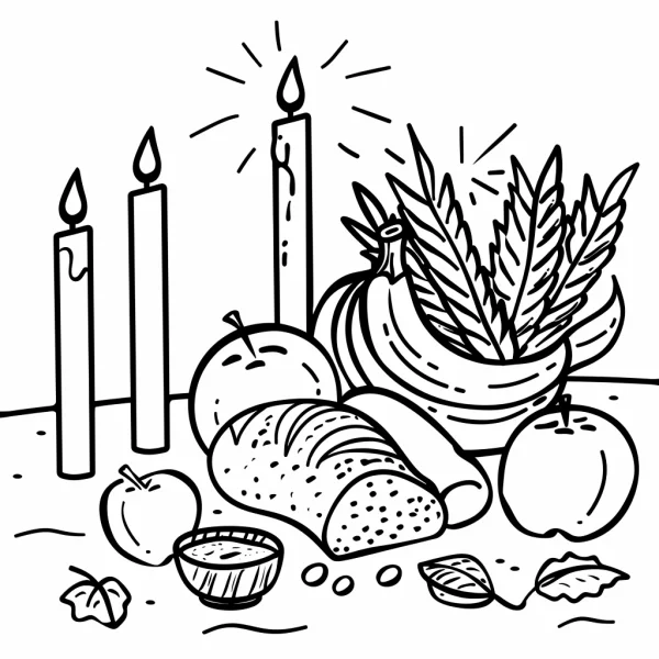 Thanksgiving harvest meal with candles, apples — free printable natural plants coloring book page