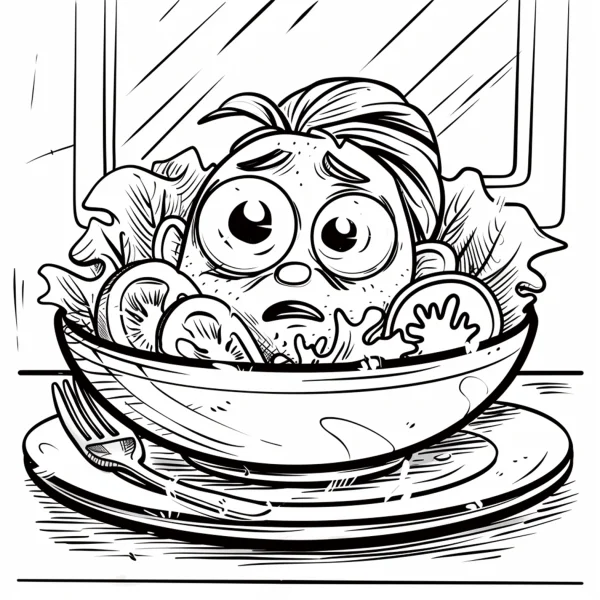 Anthropomorphic salad character in a bowl with lettuce leaves and tomato slices, cartoon style — free printable personification coloring book page