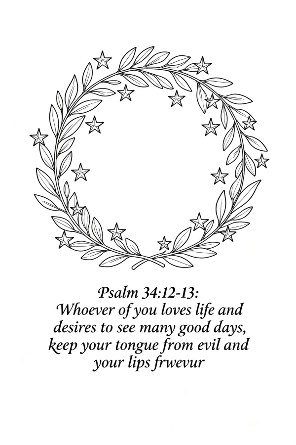 Laurel wreath with stars, simple minimalist style — free printable religious culture coloring book page