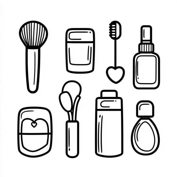 Coloring book page, various makeup tools and cosmetics including face brush — free printable beauty coloring book page