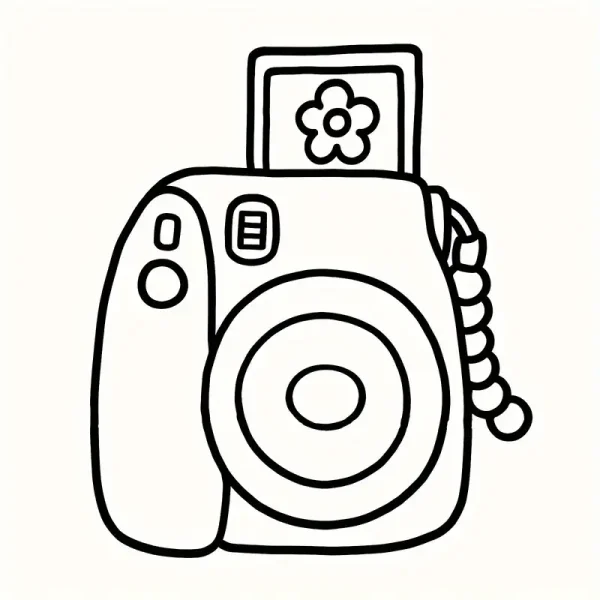Instant polaroid camera with a flower on the printed photo, cartoon style — free printable photography coloring book page