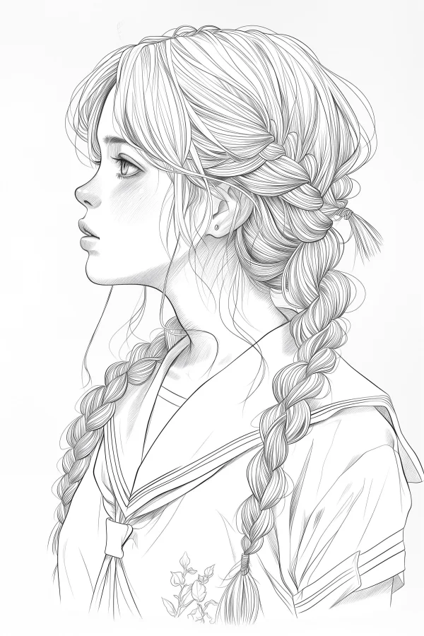 Side profile of a girl with double braids wearing japanese sailor uniform, sketch illustration style — free printable campus life coloring book page