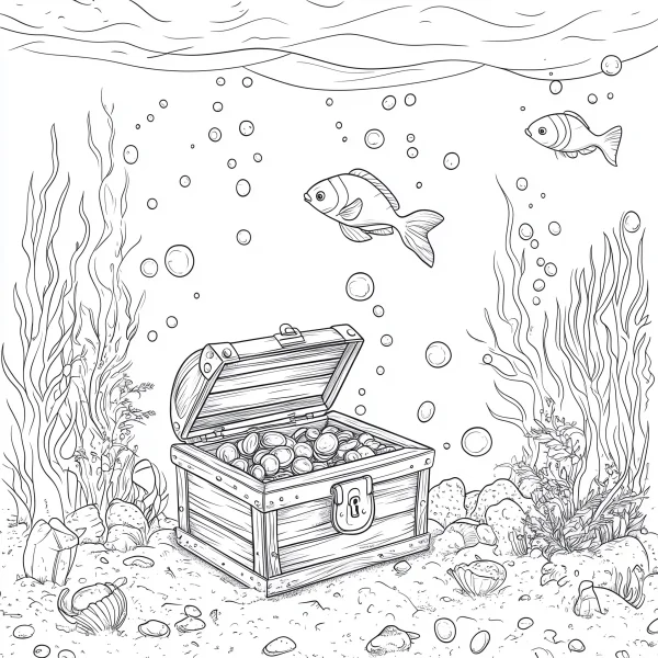 Underwater treasure chest filled with gold coins, cartoon line art style — free printable treasure hunt coloring book page