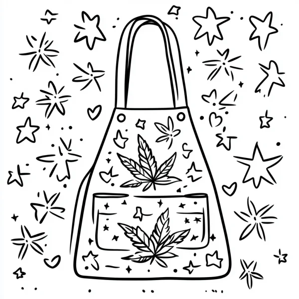 Tote bag with cannabis leaves on front pocket and body, cartoon style — free printable street fashion coloring book page